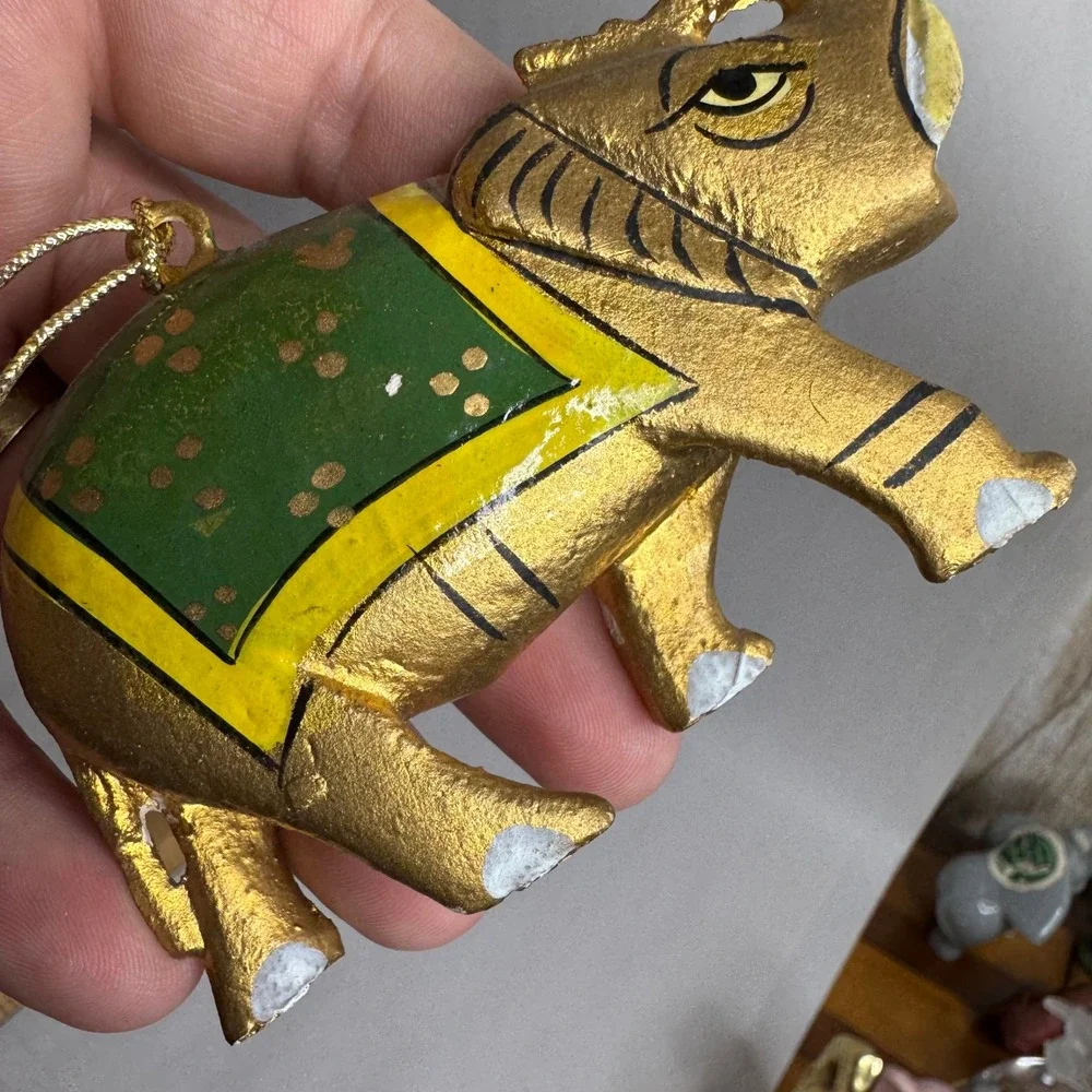 Hand Painted Gold Elephant Christmas Ornament Green Yellow Tassel‎ Hanging Decor